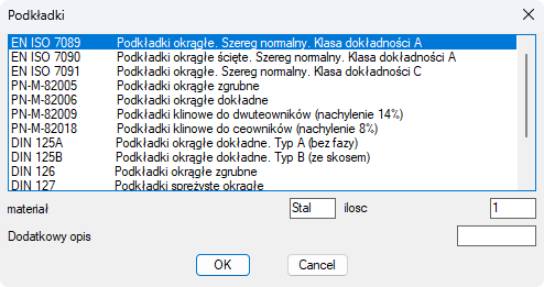 BiK Śruby - okno wyboru podkładki