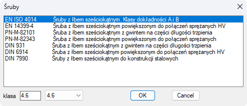 BiK Śruby - okno wyboru śruby