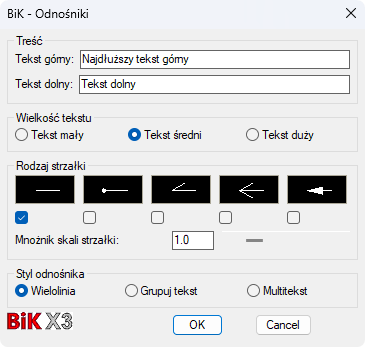 BiK Base - Okno ustawień odnośnika pojedynczego