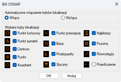 Panel ustawień BiK Base - OSNAP