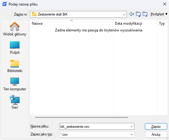 BiK Base - Wybór lokalizacji zapisu zestawienia csv