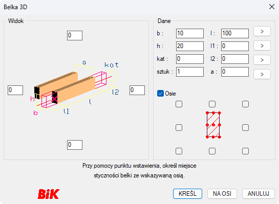 BiK Drewno - belka 3D - okno dialogowe