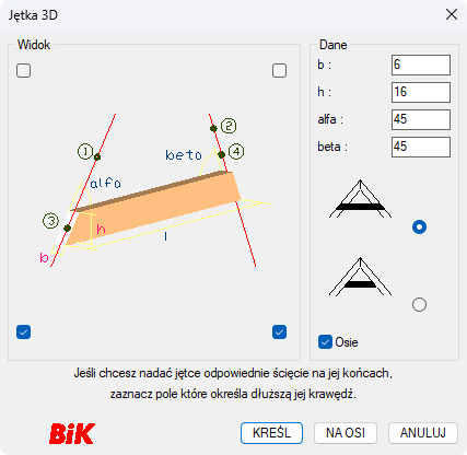 BiK Drewno - jętka 3D - okno dialogowe