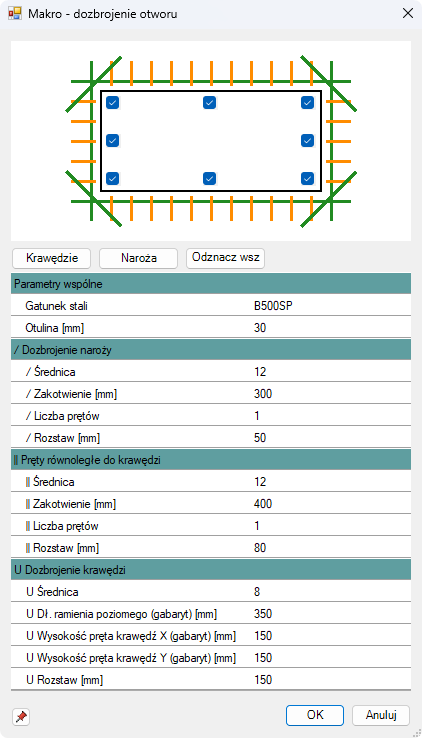 BiK Żelbet BIM - dozbrojenie otworu - ustawienia