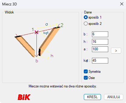 BiK Drewno - miecz 3D - okno dialogowe 1