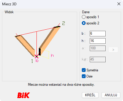BiK Drewno - miecz 3D - okno dialogowe 2