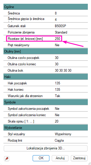 BiK Żelbet BIM - parametr rozstawu