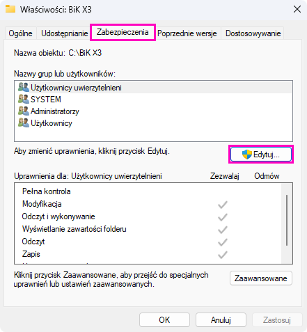 Panel zmiany uprawnień