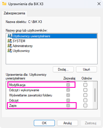 Panel zmiany uprawnień