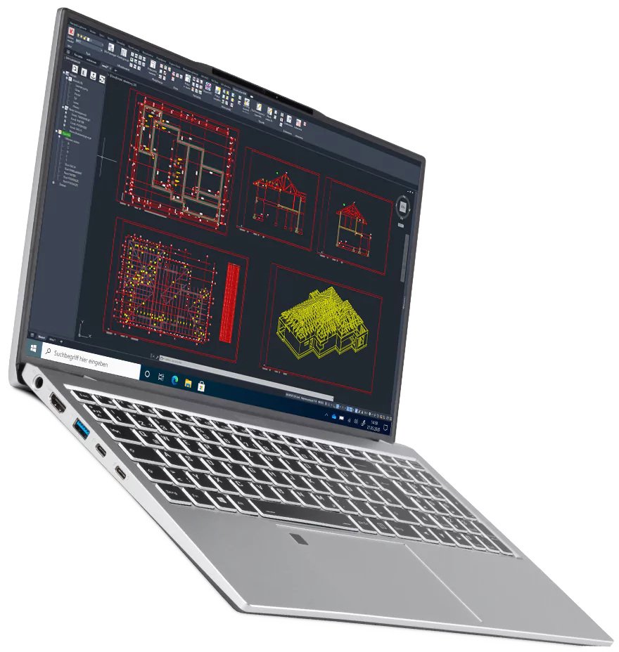 laptop z pokazanymi na ekranie rysunkami budowlanymi w programie BiK, nakładce CAD