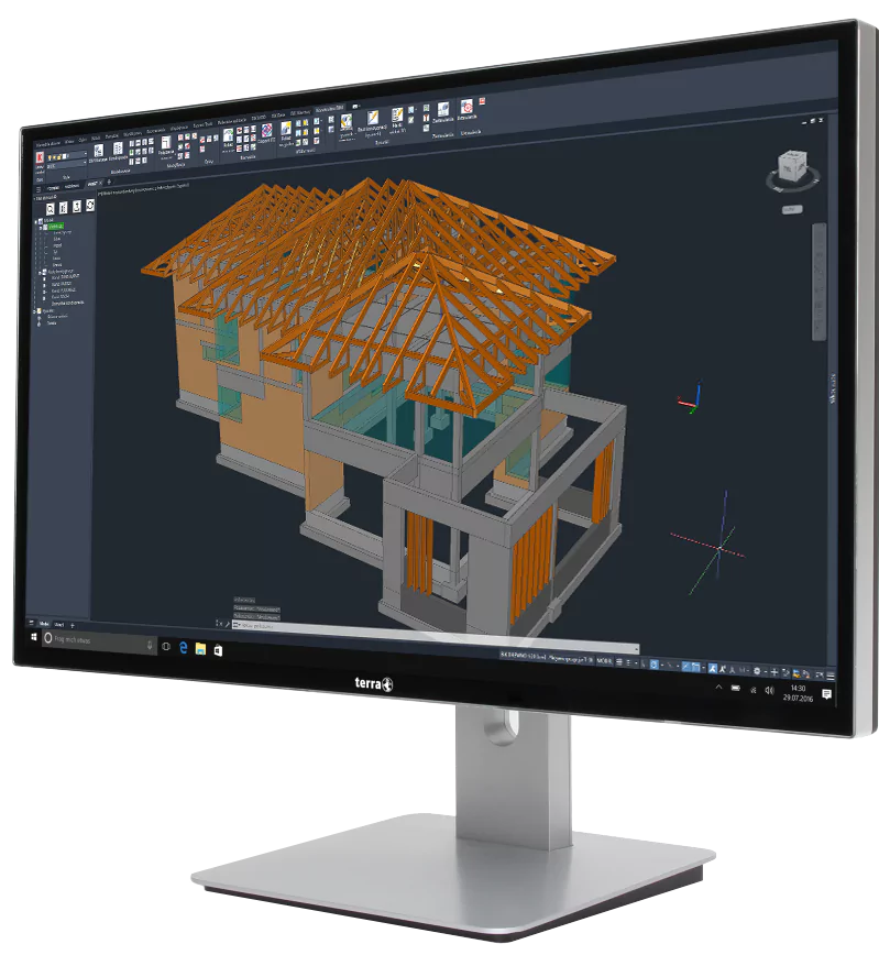 monitor komputera z widocznym modelem 3D budynku w programie BiK, nakładce CAD