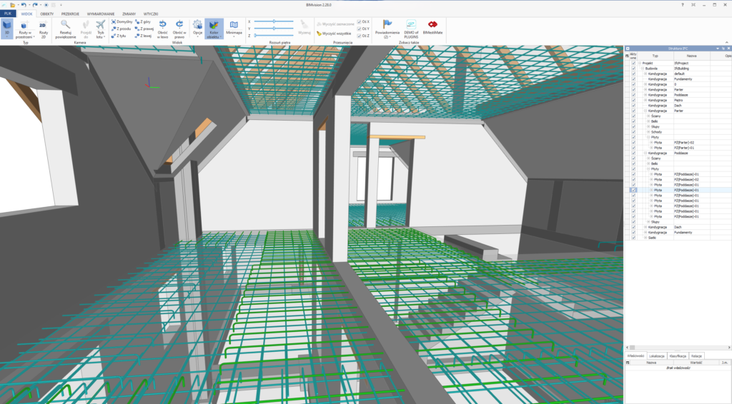 model 3D budynku wraz ze zbrojeniem elementów żelbetowych utworzony w programie BiK Żelbet BIM oraz Konstruktor BIM, wyświetlony w przeglądarce BIM Vision