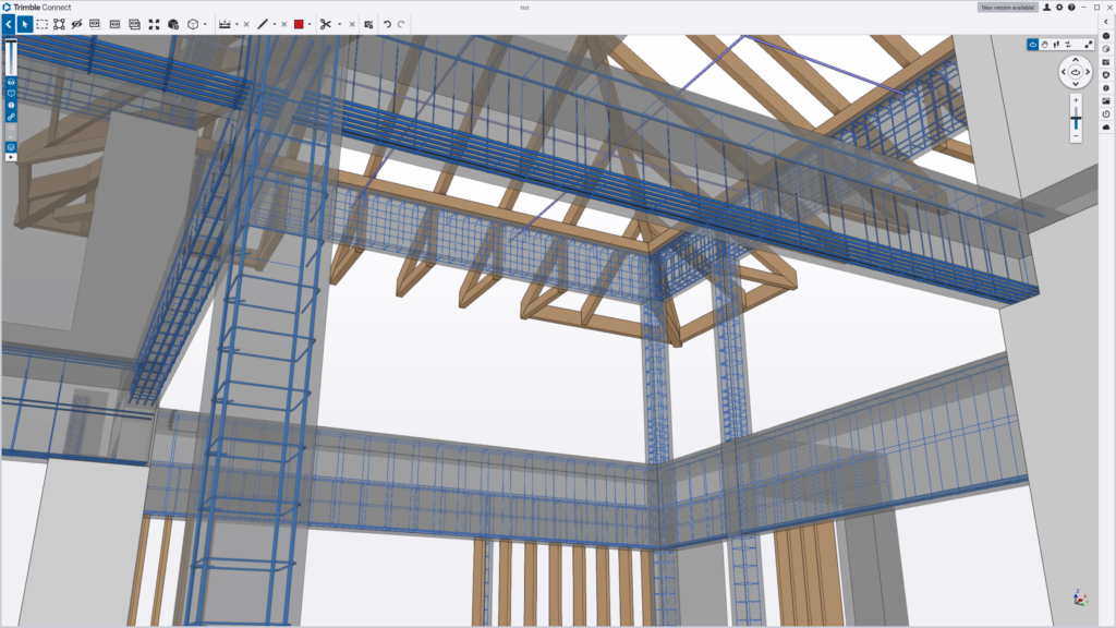 model 3D budynku wraz ze zbrojeniem belek i słupów żelbetowych utworzony w programie BiK Żelbet BIM oraz Konstruktor BIM, wyświetlony w przeglądarce IFC Trimble Connect